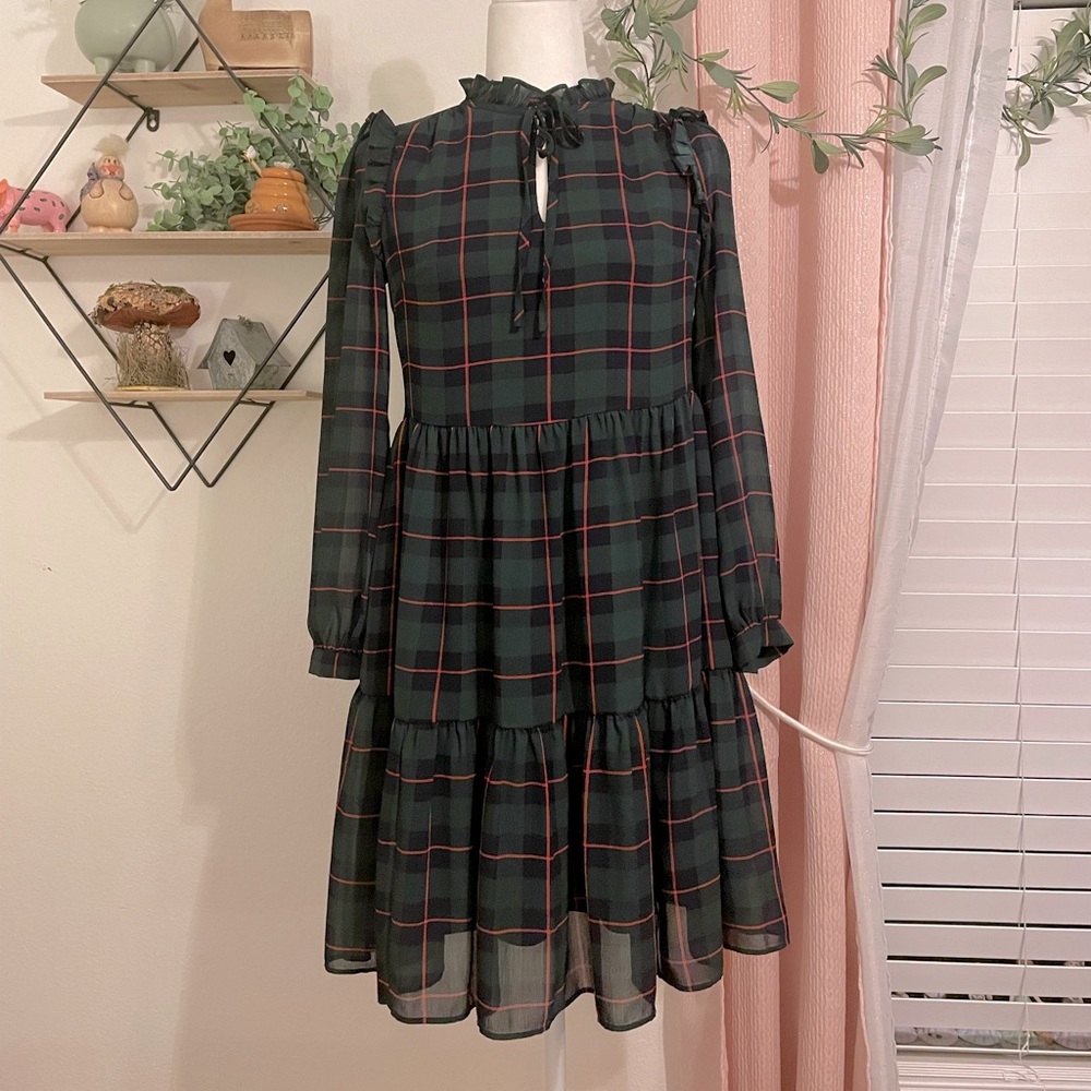 Green Plaid Long Sleeve Dress